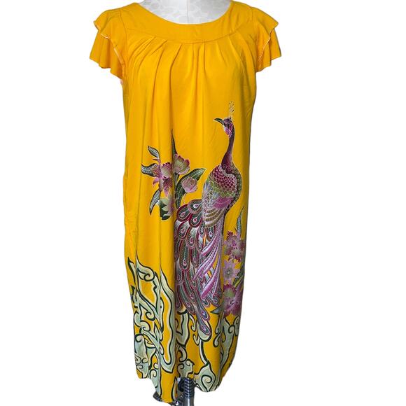 Boho Indie Floral Peacock Print Bright Colored Dress with capped Ruffle Sleeves - Picture 7 of 8